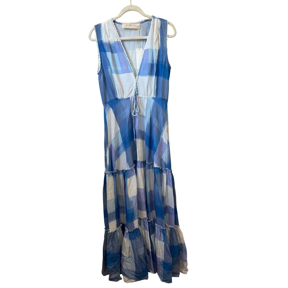 Jens Pirate Booty Blue Purple Plaid Lace Trim Tiered Maxi Dress NWT